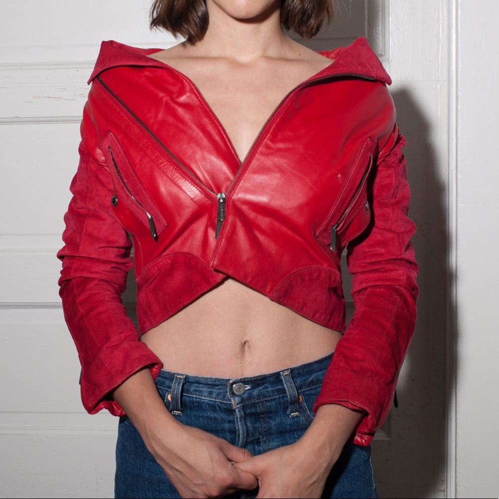 Zac Posen Red Leather Moto Jacket XS